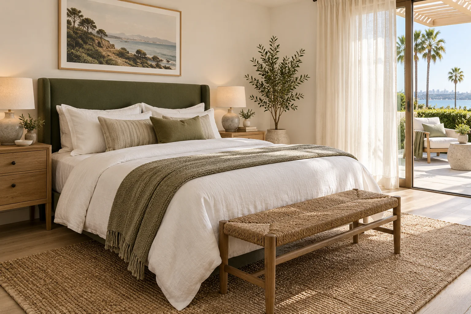 An illustrative furnished bedroom with white linens and an olive headboard.