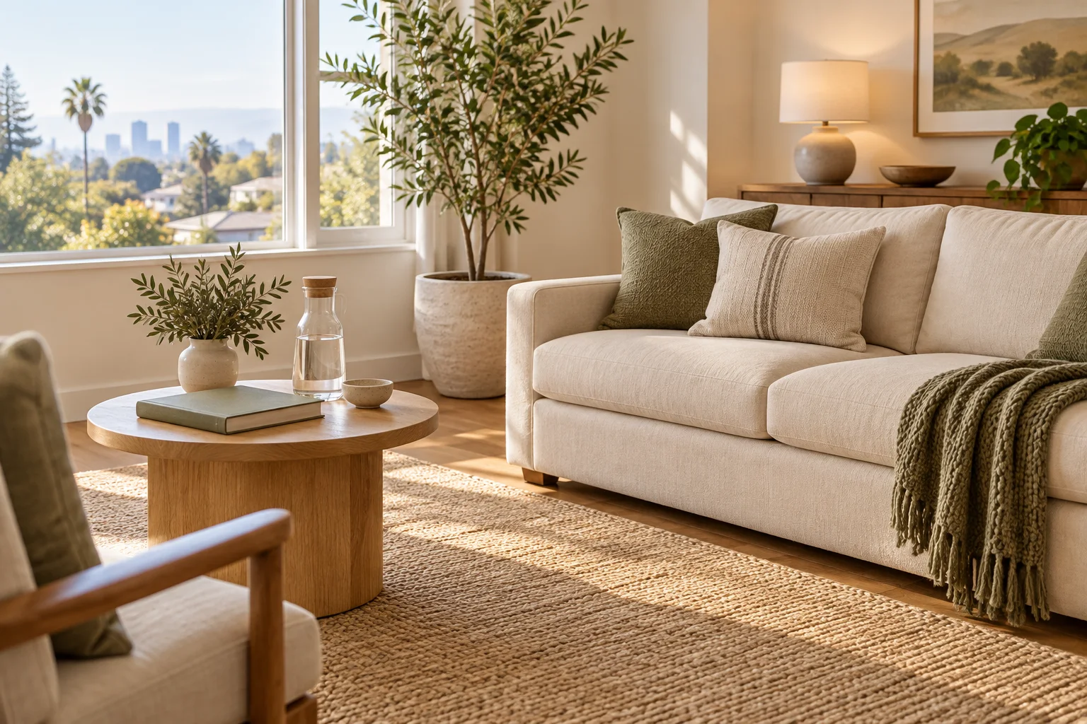 An illustrative furnished apartment sitting room with a cream sofa and olive cushions.