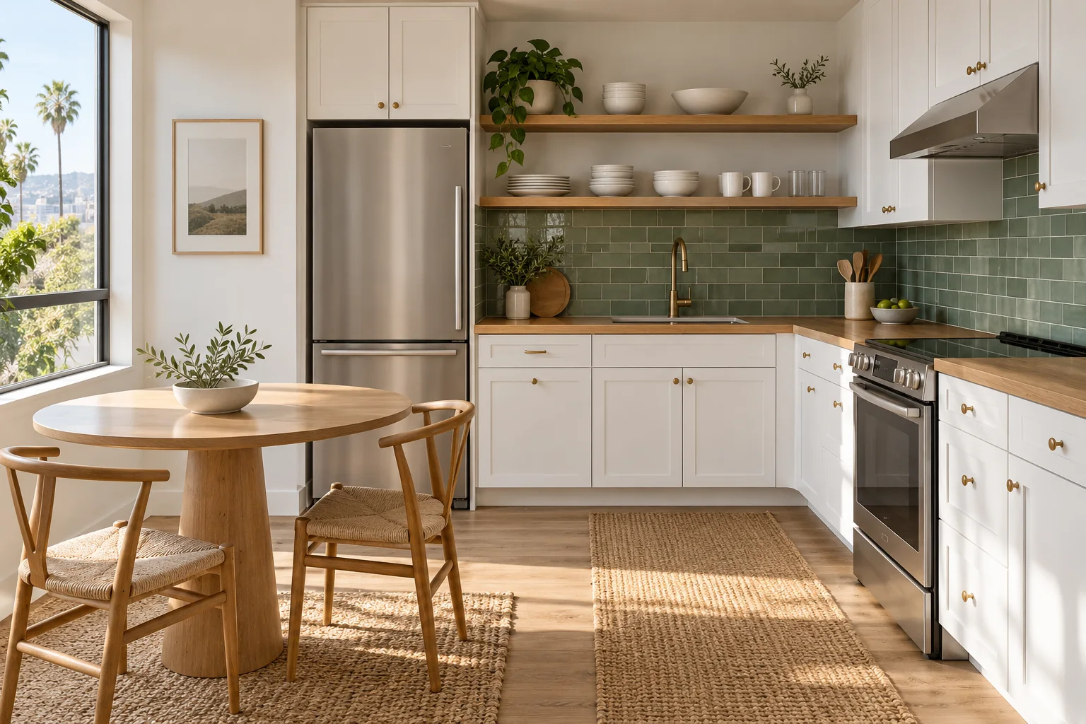 An illustrative compact rental kitchen with green tile and an oak dining table.