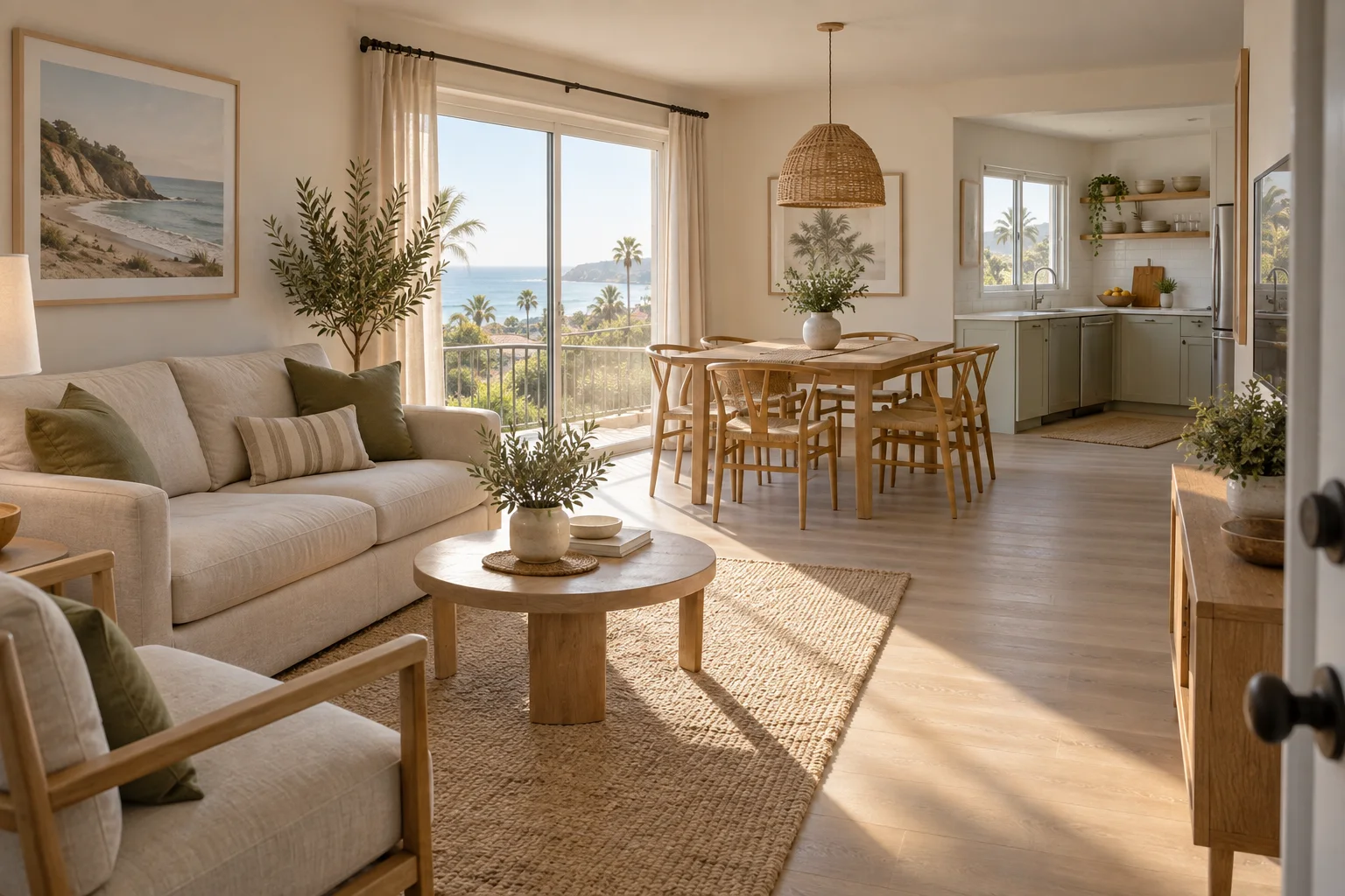 An illustrative furnished rental living and dining room with an open kitchenette.